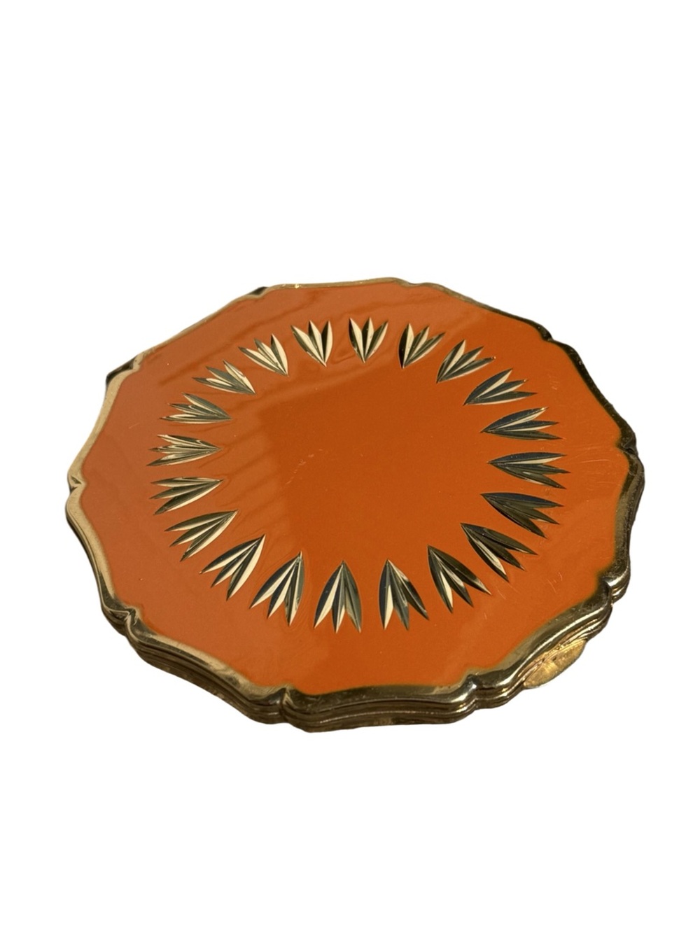 Vintage Mid Century Stratton Permission Burnt Orange Scalloped Round Compact